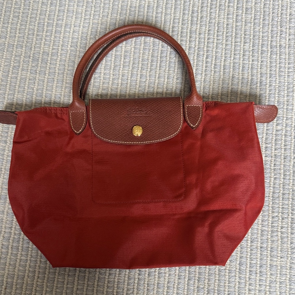 Longchamp “Brick” Le Pliage Nylon Tote with Brown Leather Trim